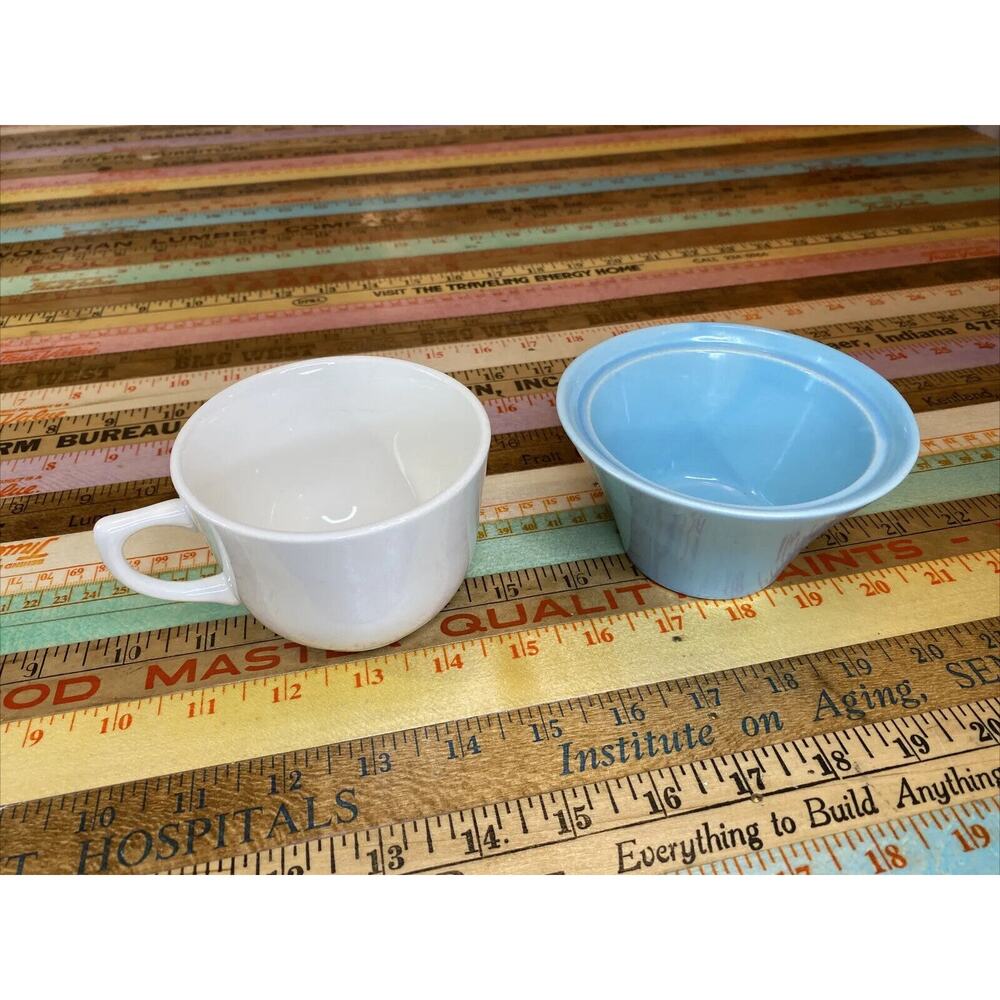 2 Small Dish Bowl Coffee Mug Cups White Teal Green USA MCM 50s Restaurant